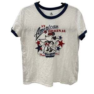 Disney Minnie Mouse Women Medium Ringer T-Shirt American Original White Navy Red